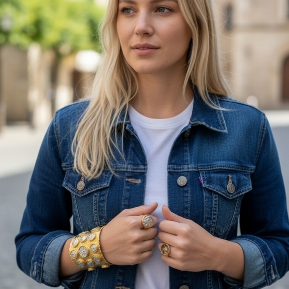 24k Gold Plated Massive Artisan Ancient Coin Cuff Bracelet - Picture 8 of 9